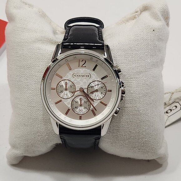 NIB Vintage Coach Chronograph Watch Stainless W/Blk Patent Leather Band - Picture 3 of 9